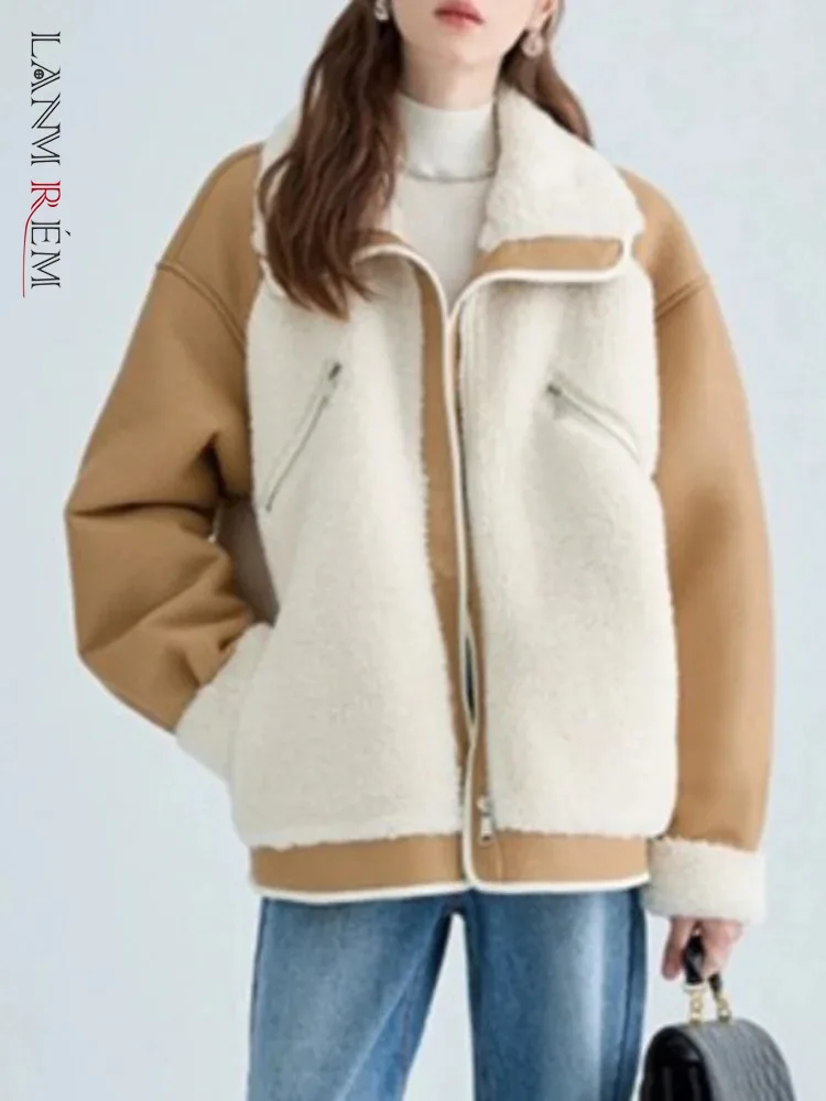 

LANMREM Vintage Thick Lamb Fur Spliced Women's Jackets Contrast Color Warm Coat Fashion 2023 Winter New Clothing 2AA3990