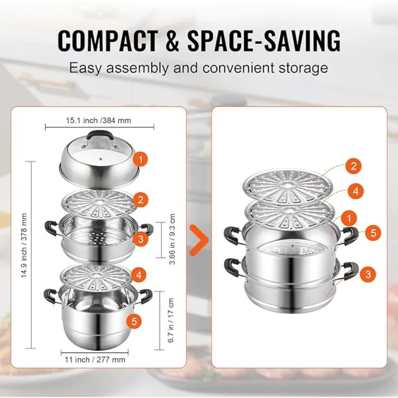 3 Tier Steamer Pot with 8.5QT Stock Pot,Vegetable Steamer & 2 Steaming Tray,Food-Grade 304 Stainless Steel Food Cookware