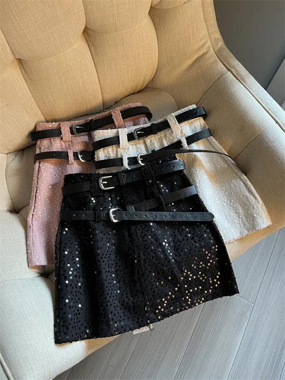 

New 2023 High Waisted Shiny Mini Skirts doube belts Zipper Fly Sequins A-Line Y2k & Club skirts