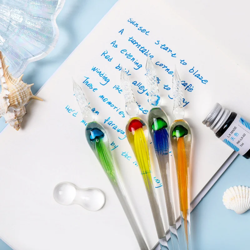 Quallen Dip Pen Dreiteiliges Glas Stift Set Zeichenstift Kristall Student Glas Stift Schreibwaren Geschenk Stift – Detail 4