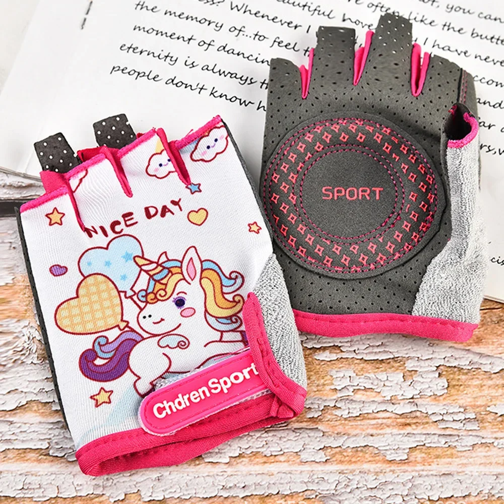 Children Half Finger Gloves Cycling Roller Skating Scooter Kawaii Unicorn Dinosaur
