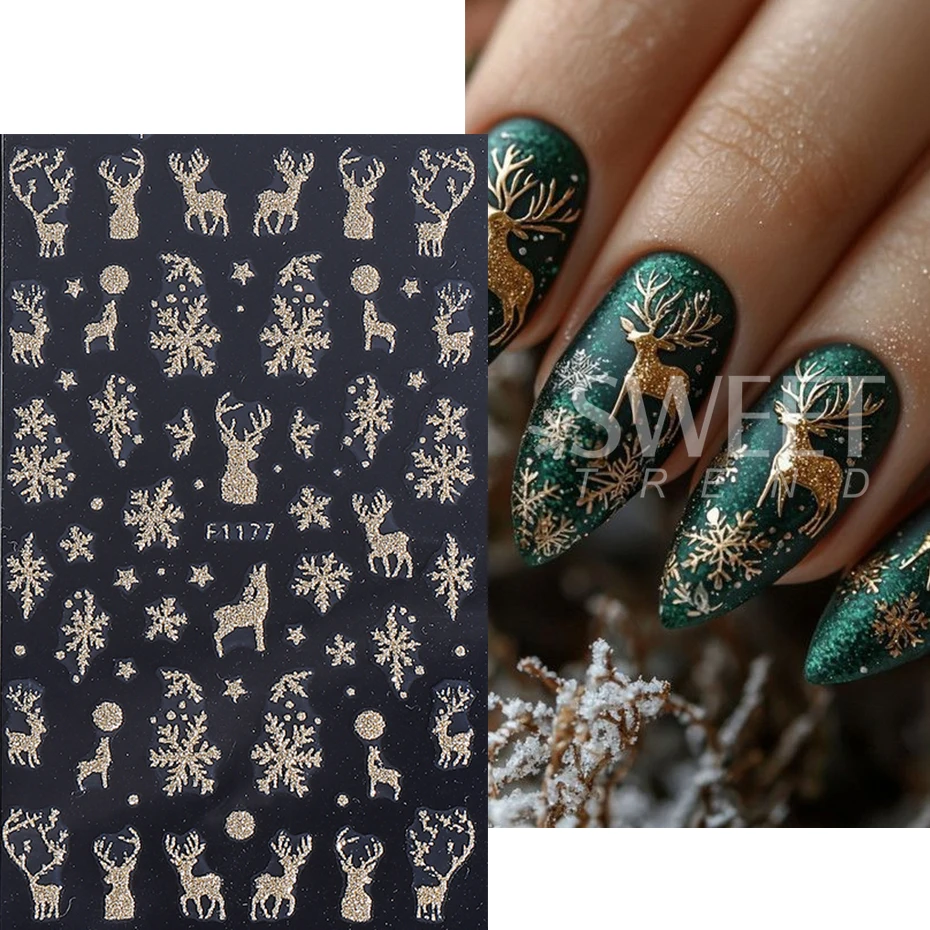 5pcs Glitter Christmas Nail Stickers Gold Silver Elk Snowflake Xmas Tree Self-adhesive Nail Decal DIY Manicure Decoration Slider