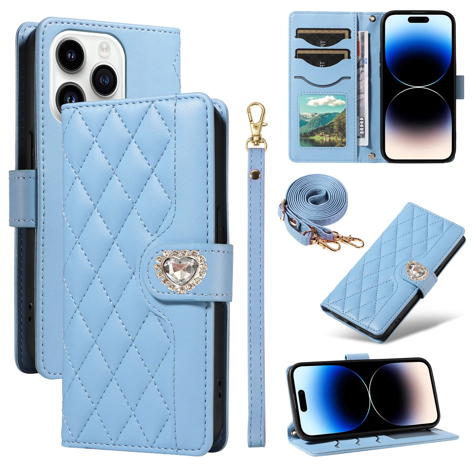 Crossbody Flip Case for Redmi 14C 14R 13C 13 12 11A 10C 10X 10 9C 9A 9 A5 A4 A3 Diamond Leather 3 Cards Wrist Strap Wallet Cover