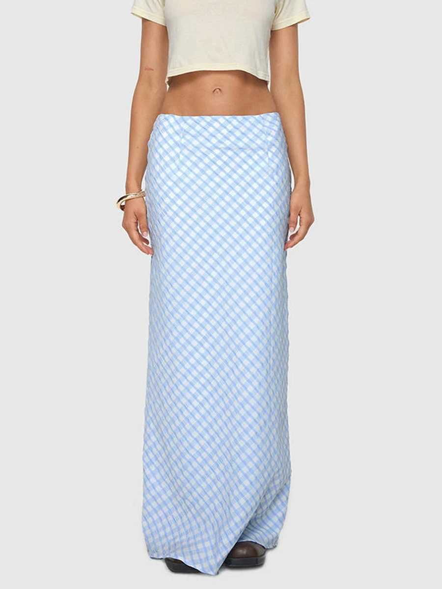 

Women s Spring Summer Long Skirt Sky Blue Slim Plaid Skirt for Travel Beach Shopping