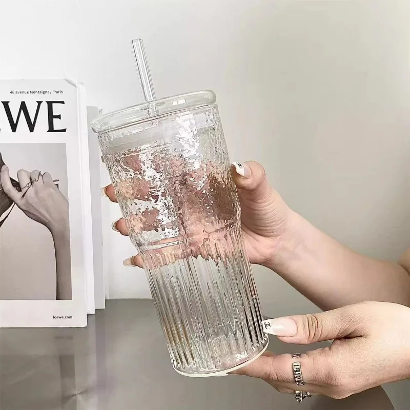 Stripe Glass Cup with Lid and Straw Transparent Drinking Glasses for Juice Iced Coffee Water Cup Outdoor Drinkware Mug