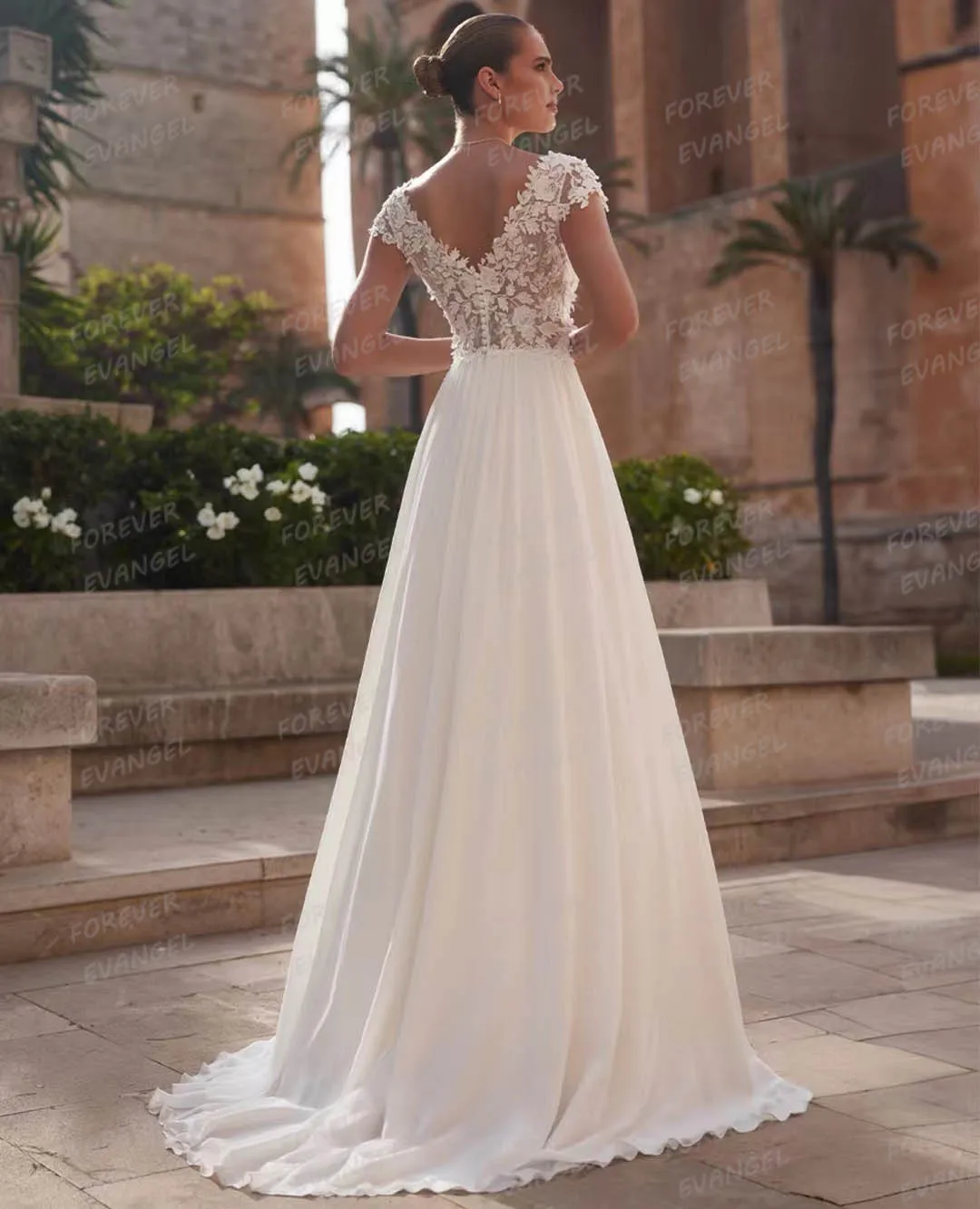 Elegant Chiffon Wedding Dresses Woman's Appliques Sexy V Neck Cap Sleeve Elegant Bride Gowns Chiffon Customized Vestido De Noche 2