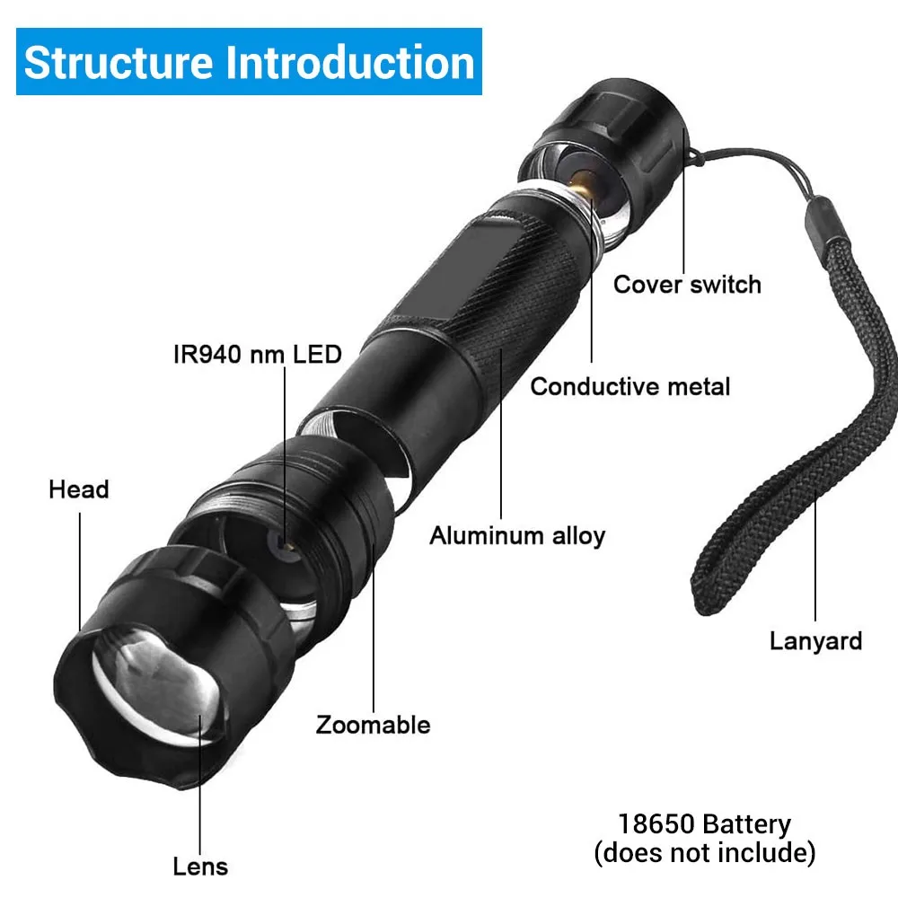 Description Picture 3 of item850/940nm Infrared Flashlight Zoomable IR Illuminator for Night Vision Devices Hunting Torch Tactical Weapon Gun Lights