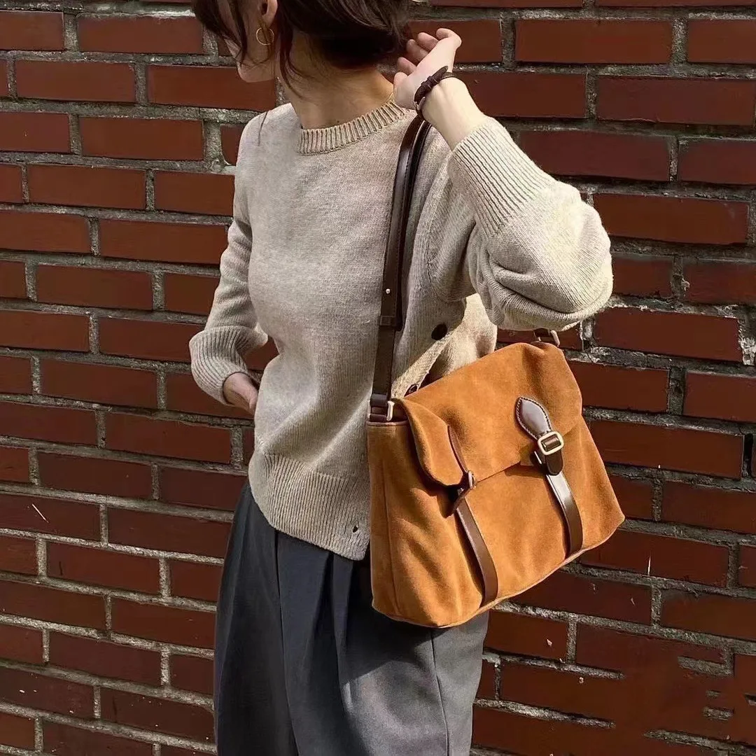 

FIRMRANCH Korean Niche Ins Textured Frosted Suede Retro Cowhide Messenger Bag One Shoulder Crossbody Fashion Women's Chic Purse