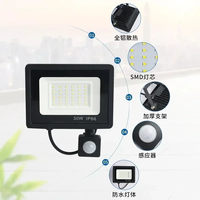 LED Flood Light PIR Motion Sensor Floodlight IP66 Waterproof Outdoor Wall Light White LED Spotlight Garden Street Lighting