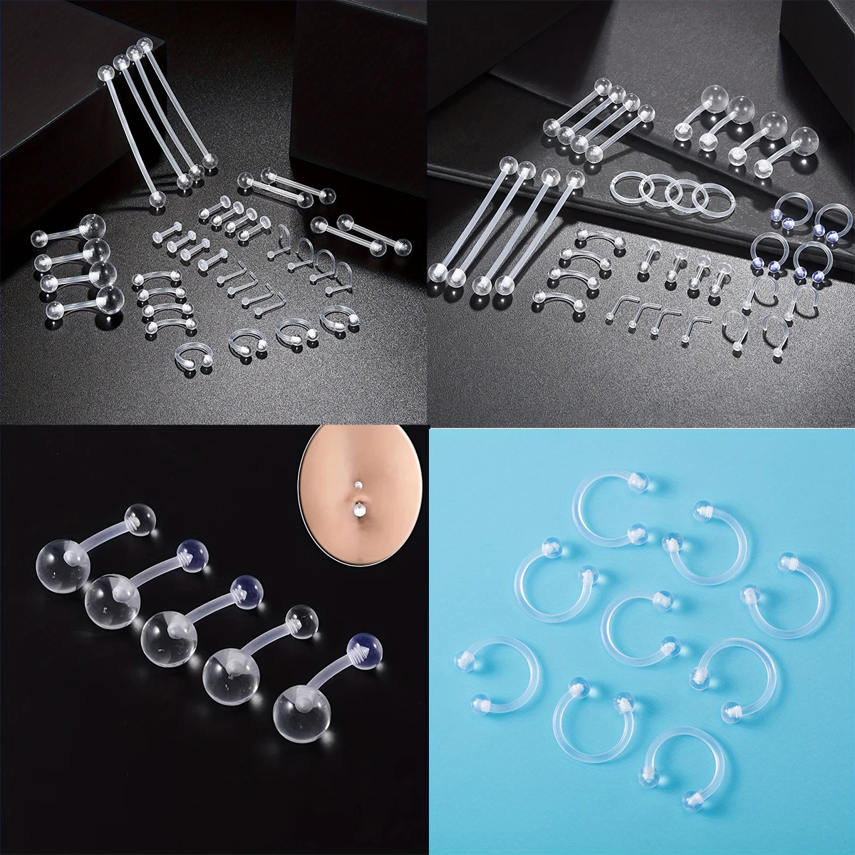 Piercing Retainer 4-Pack Clear Glass Retainers - 18G Labret Studs For Cartilage/Nose/Lip (1/2" 13mm) Clear Nose Rings For Work