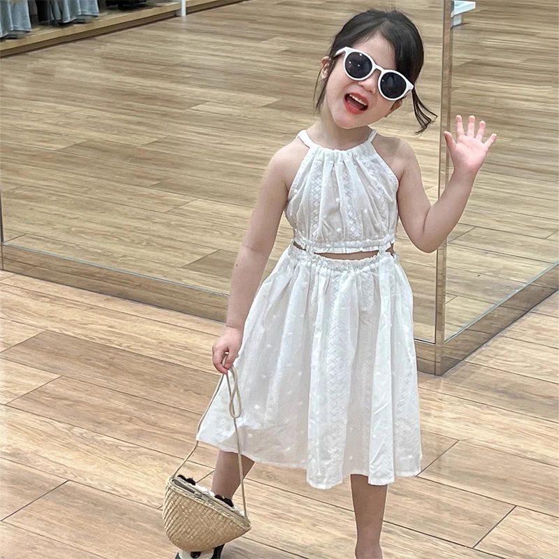 

Платье на бретельках для девочек, новое летнее детское модное пляжное платье с открытой талией и вышивкой, однотонный белый жилет для маленьких девочек, платье в стиле "Лолита"