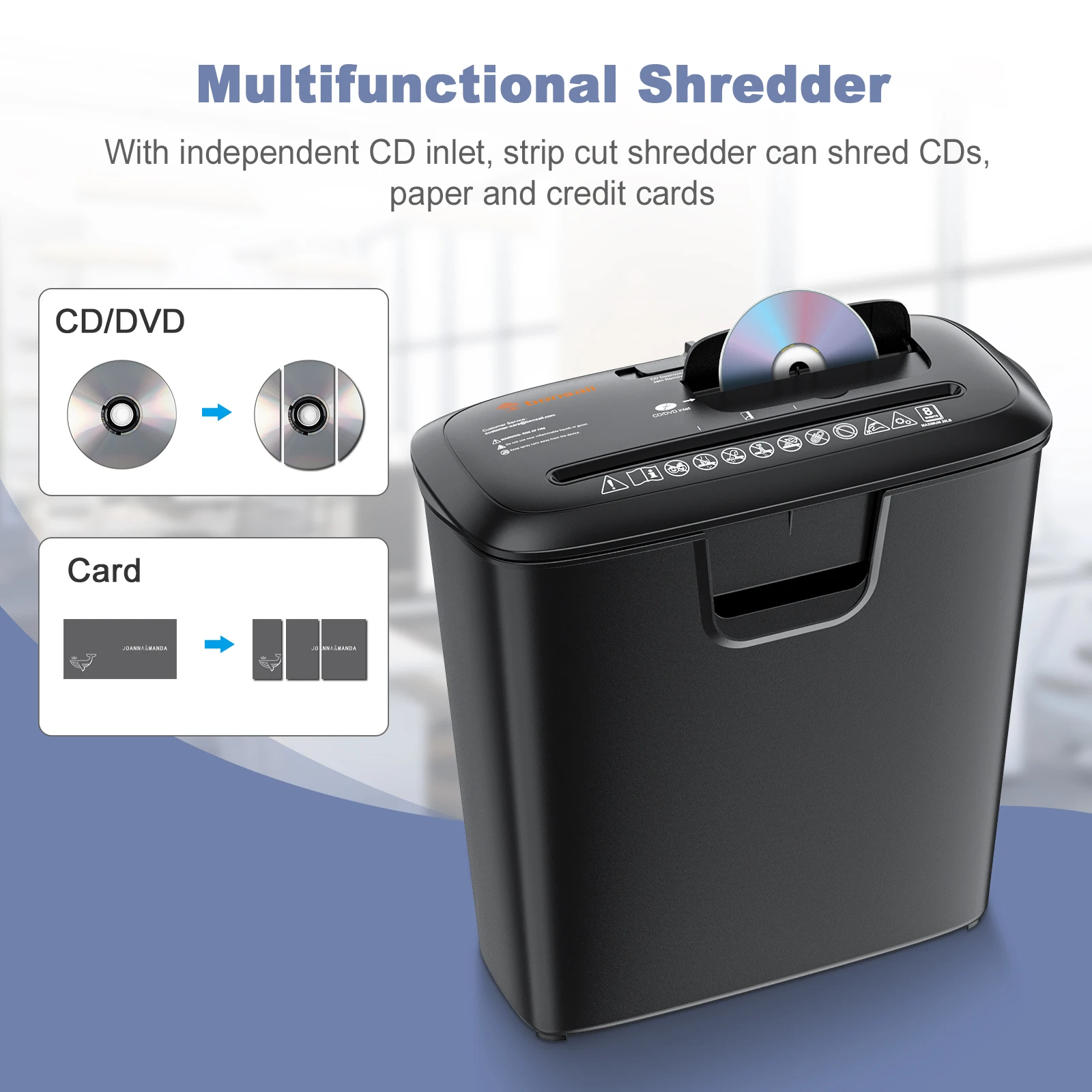 Bonsaii Paper Manual Reversal 8-Sheet Strip Cut Shredder Home Use CD/Credit Card Shredder Machine 3.4 Gallons paper shredder paper cutting machine