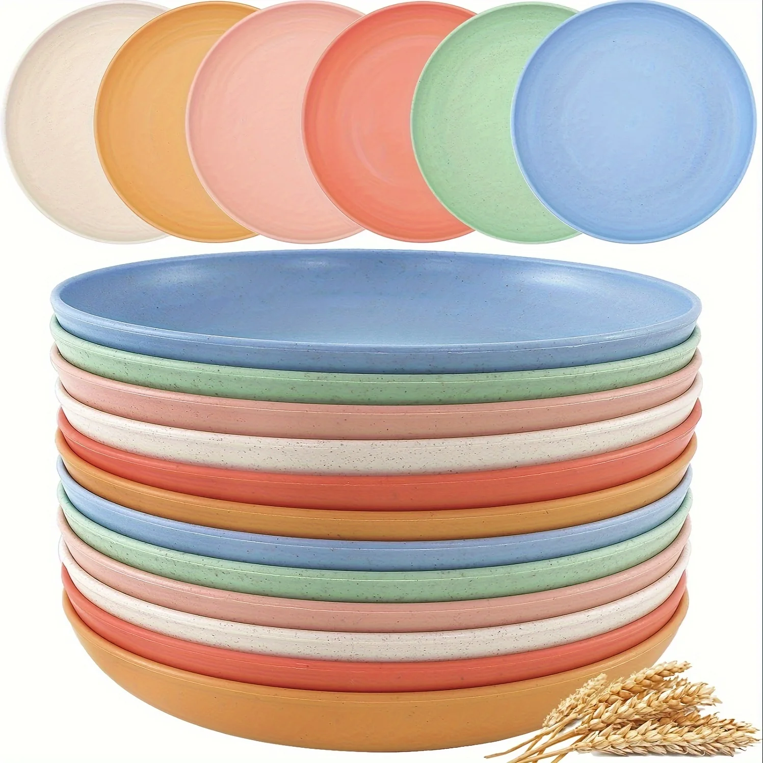 9Inch Lightweight Wheat Straw Plastic Plates Reusable Assorted Colors Dinnerware Sets Dishwasher Safe 1PCS/12PCS