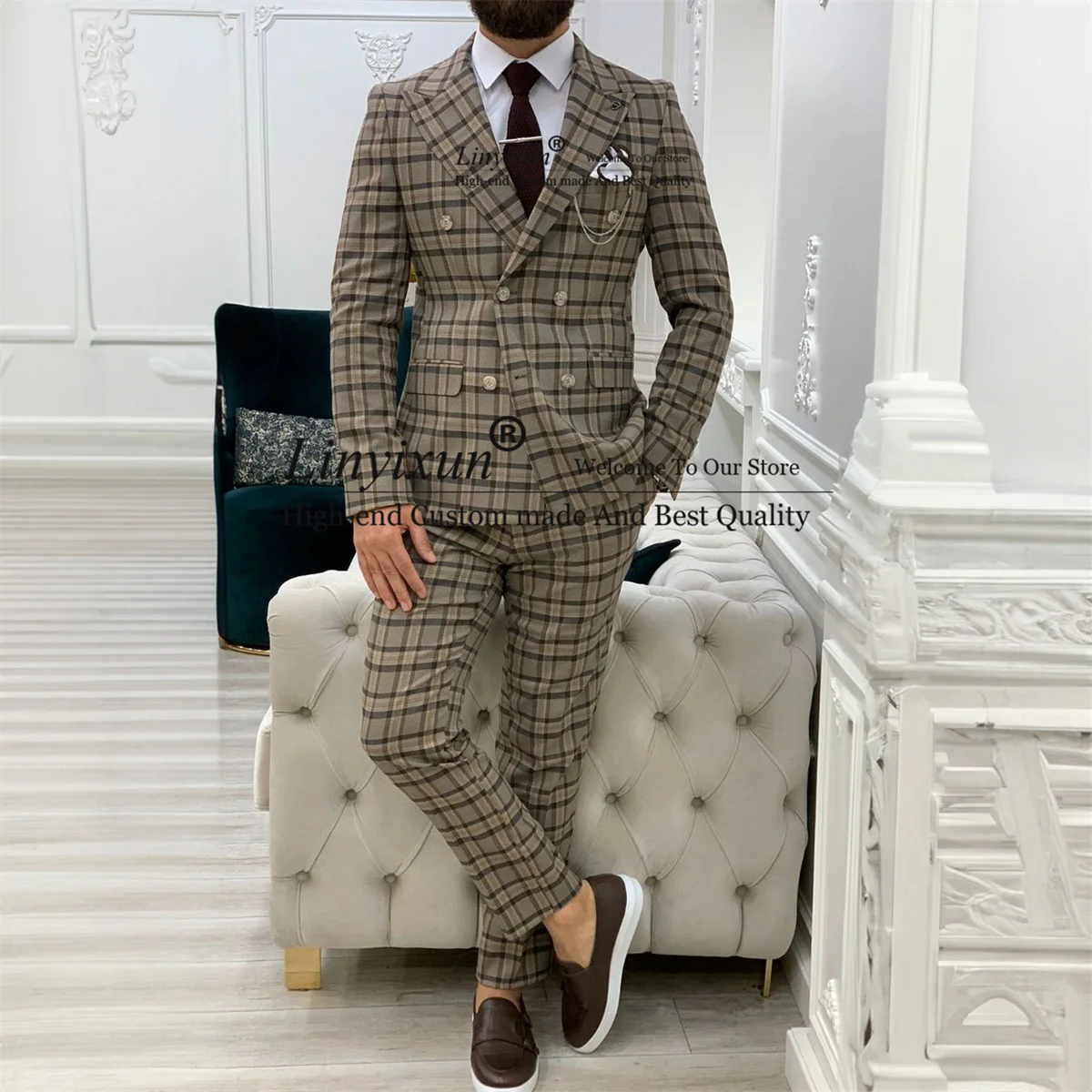 Plaid Wedding Suits For Men Notched Lapel Business Male Blazers Slim Fit Groom Tuxedos 2 Pieces Sets Terno Masculinos Completo