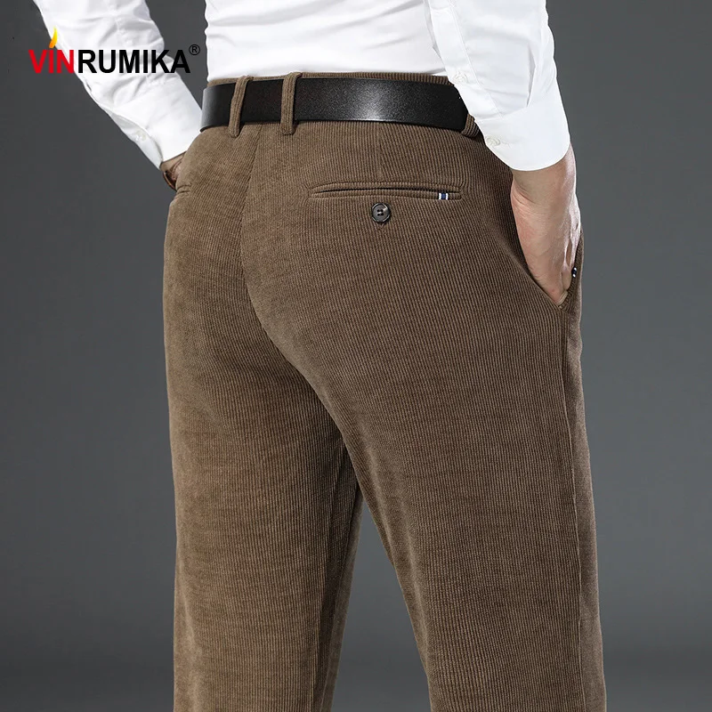 

2023 Spring Autumn Middle-age Men's Business Casual Corduroy Khaki Straight Trousers Male Black Gray Comfortable Thick Long Pant