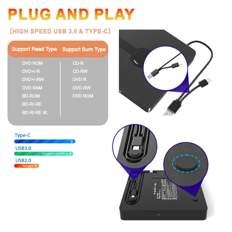 USB 3.0 External Blu-ray Drive Portable 3D BD-Combo Optical Drives CD DVD Player Burner Reader for Laptop PC Windows 11/10 Mac 2