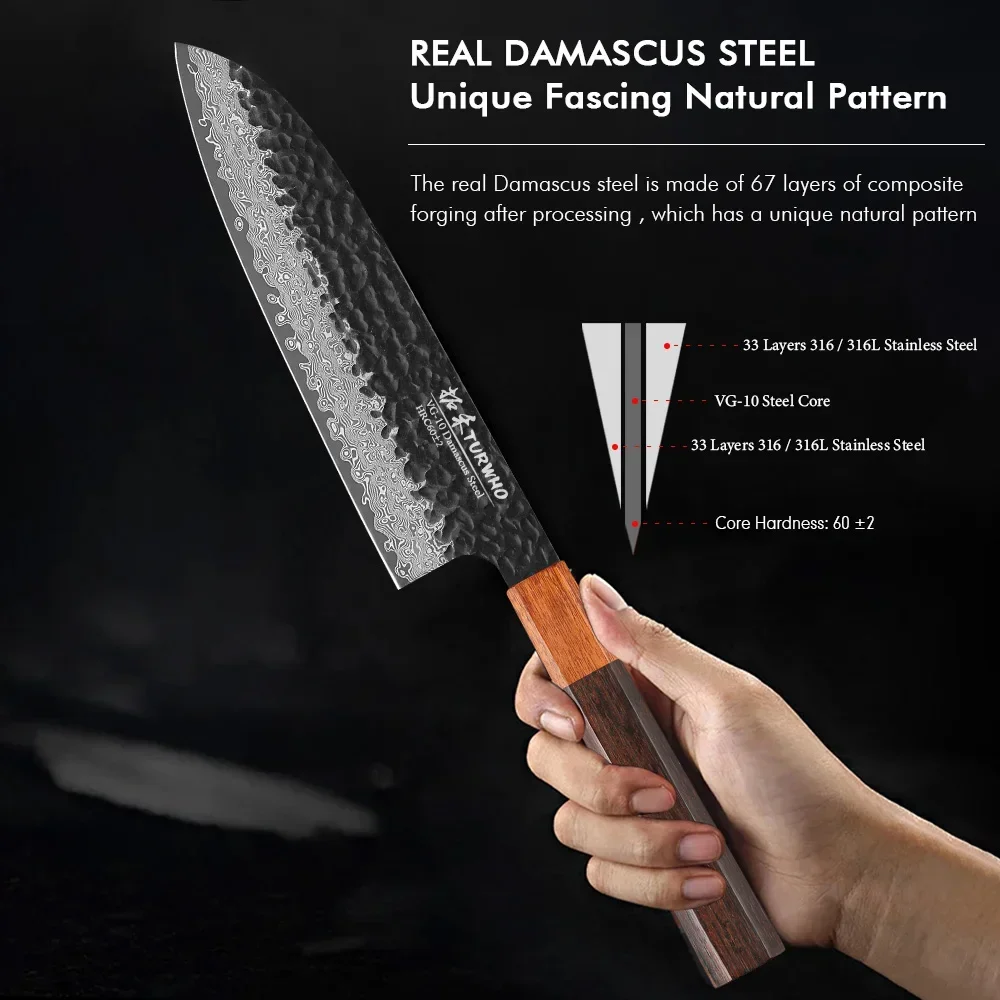 TURWHO 7-inch Japanese Santoku Knife Damascus Steel Hand