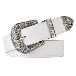 Vintage Carved Needle Buckle Unisex Punk Rock PU Leather Belt - 105cm (Silver buckle white)