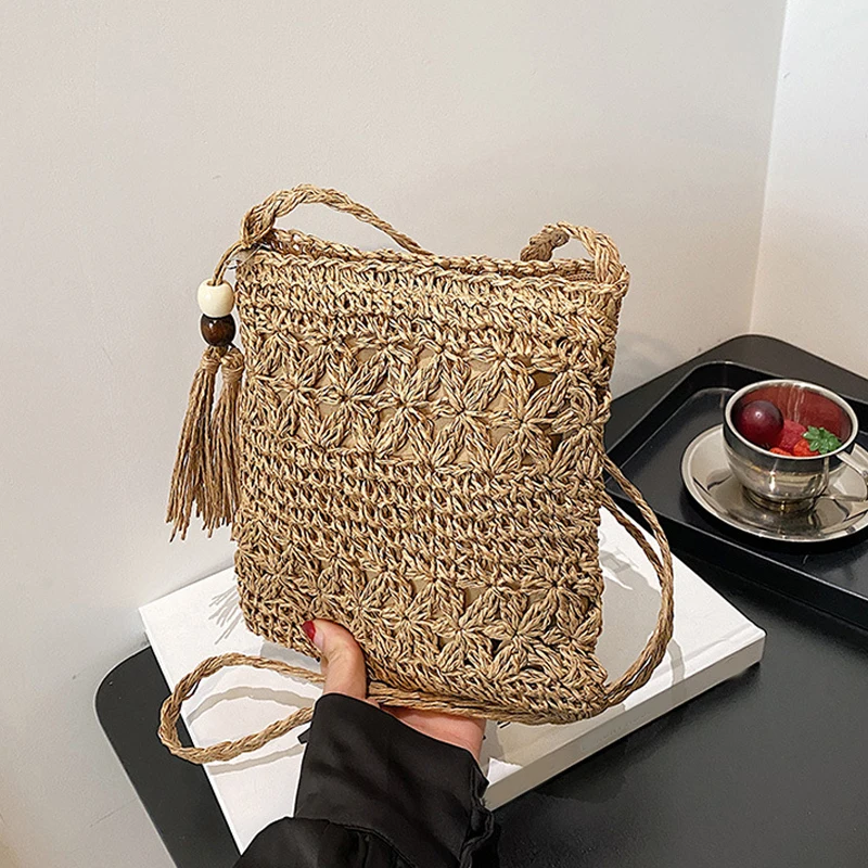 Women Beach Woven Straw Shoulder Messenger Bag with Tassel Boho Hollow Out Crochet Crossbody Handbag Clutch Purse