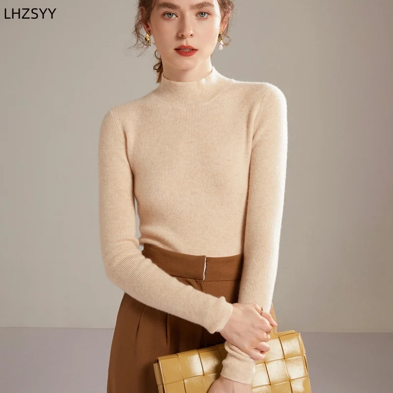 

LHZSYY 100%Pure Goat Cashmere Sweater Ladies' Semi-High Neck Tight-Fitting Pullover High-End Slim Base Shirt Warm Inner Blouse