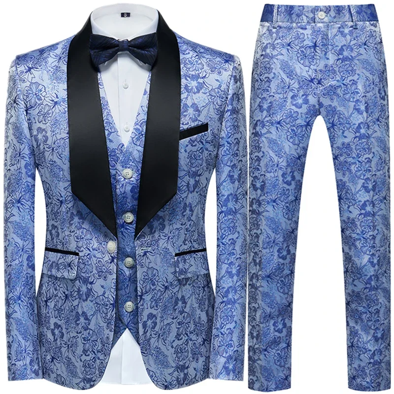 Fashion New Men's Casual Boutique Business Wedding Host Flower Color Suits 3 Pcs Set Dress Blazers Jacket Pants Vest Coat