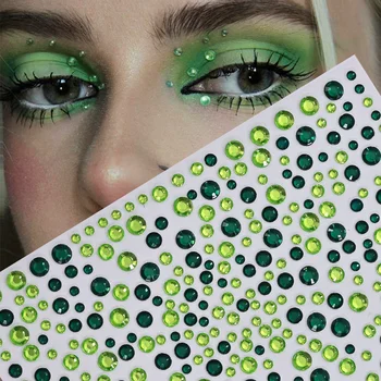 1Pcs 3D Emerald Green Face Jewels Tattoo Stickers Round Rhinestones Temporary Tattoos for Party Makeup DIY Body Diamond Decals &