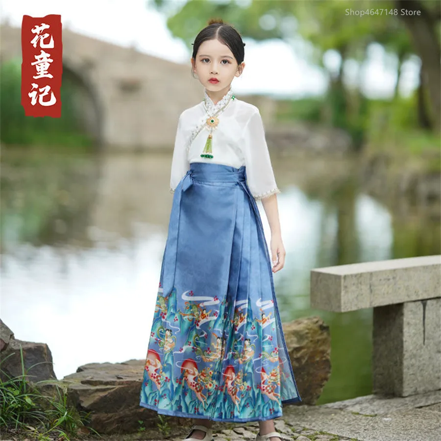 

New Chinese Style Horse face Skirt For Girls 2024 Summer Ancient Suit Thin autumn Hanfu Children ming tang dress cosplay