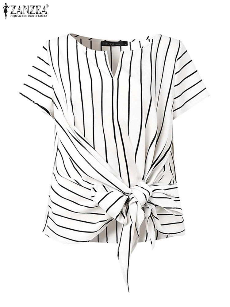 Fashion Stripe Blouse 2025 ZANZEA Summer Women V Neck Short Sleeve Tops Elegant Work OL Shirt Casual Loose Blusas Female Chemise 4