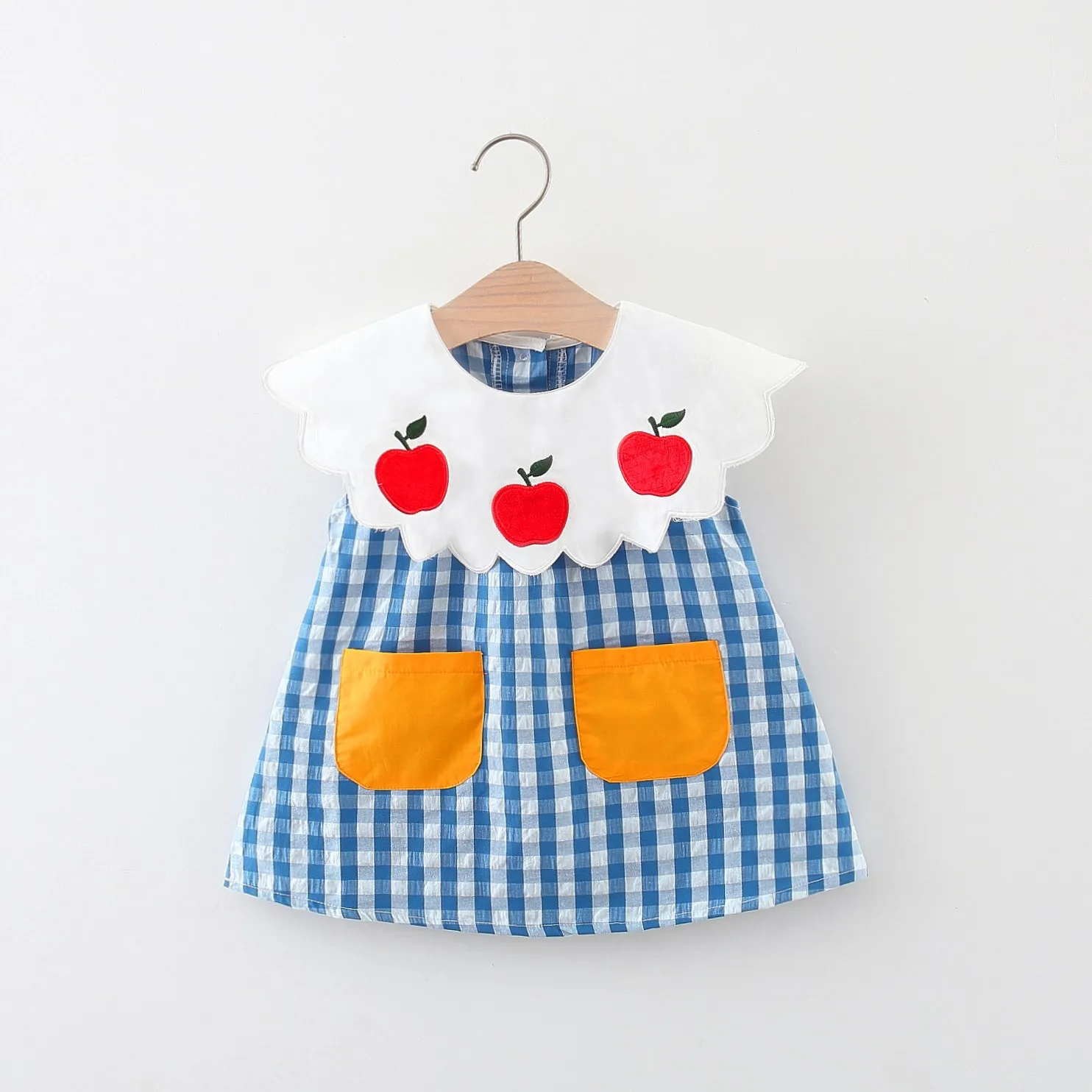 Mädchen kleid Sommer Kinder kleidung Apfel bestickte Spitze Puppen kragen Plaid Kontrast ärmelloses Kinder kleid – Detail 3