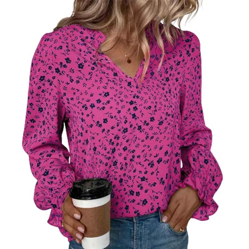 Autumn Floral Print Ruffled Edge Long Sleeve Shirt Female Sweet Style V Neck Pullover Blouse Women's Comfortable Casual Tops New