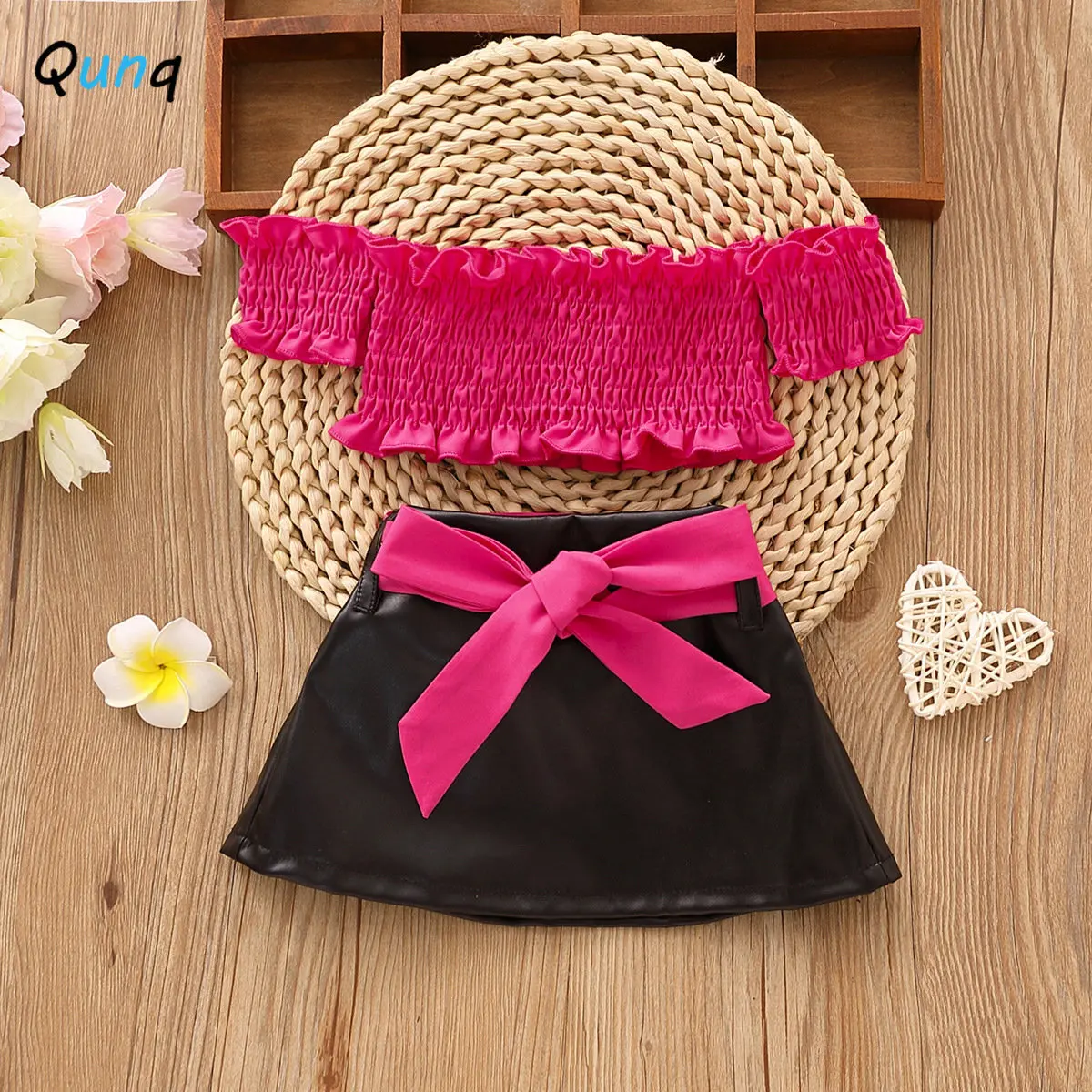 

Qunq 2023 Summer New Girls Off-Shoulderless Folds Crop Top + Pu Leather Skirt 2 Pieces Set Fashion Casual Kids Clothes Age 1T-3T