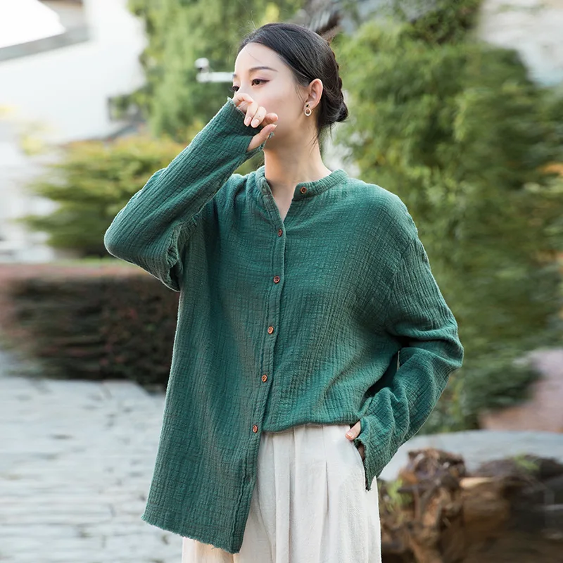 

2023 Summer Cotton Linen Double-layer Chinese Style Tops Bamboo Sand Wash Soft Literary Casual Retro Blouse Shirt for Women