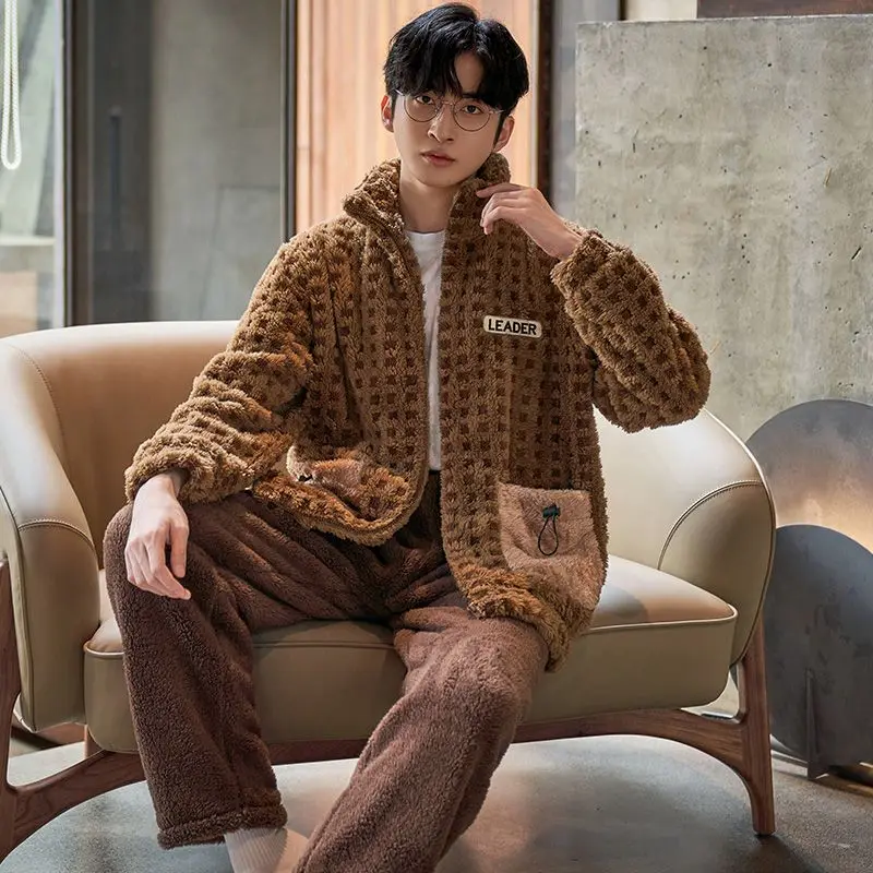 Autumn Winter Men Pajamas Coral Fleece Fleece-lined Thickened Male Nightgown Suit Flannel Hooded Large Size Warm Homewear Sets