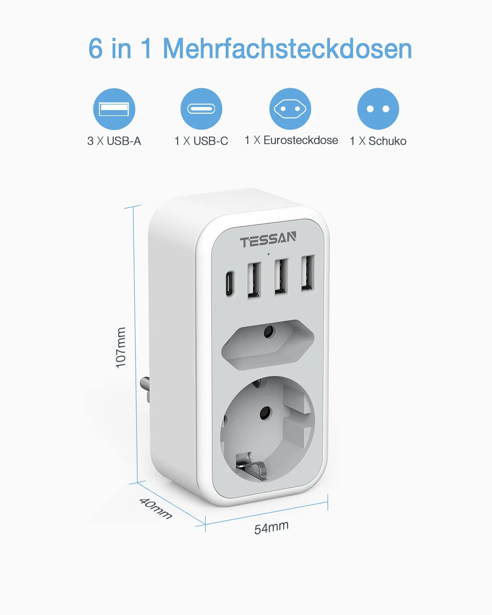 TESSAN Double Plug Socket Adapter with 2 Socket, 3 USB A Ports and 1 Type C  Plug, 6 in 1 Multiple Wall Socket for Home, Office