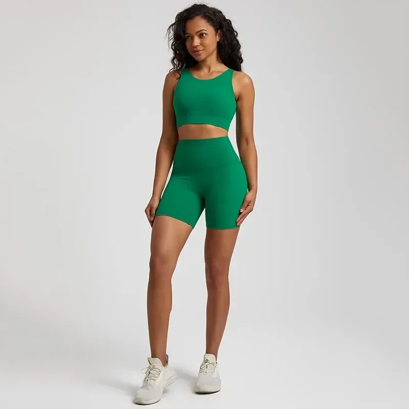 Lemon Round Neck Gym Yoga Set Comprehensive Training Women Sports Suit High Waist Short Legging And Cross Fitness Bra 2pcs