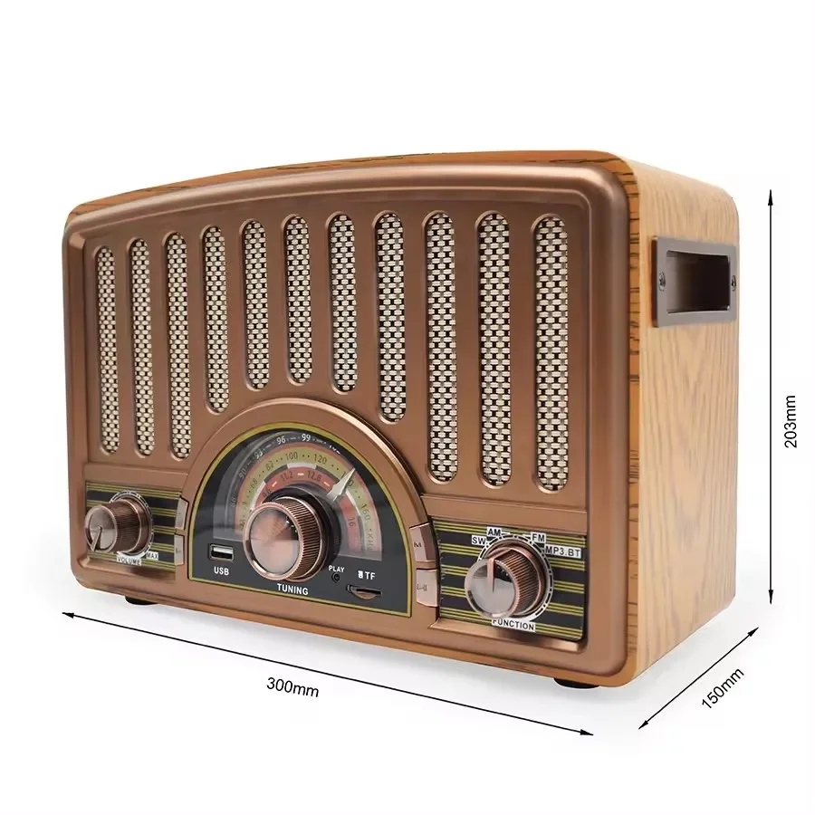 Portable Good Sensitivity Am Fm Sw Radio Reproductor Wooden Retro Wireless Bluetooth Speakers Support TF Card U Disk Playback