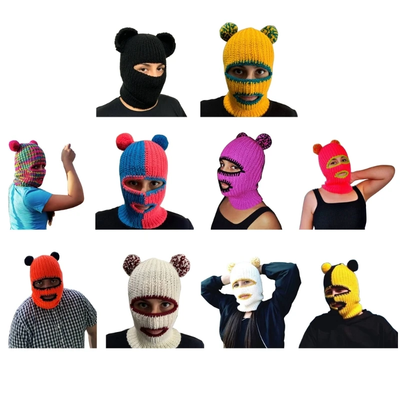 

L93F Bear Ear Winter Hat for Adult Handwoven Balaclava Cap Novelty Party Hat for Girl Boys Knit Mask Hat Adult Accessories