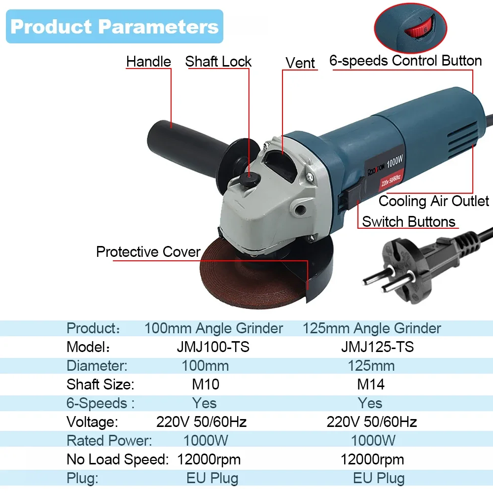 Electric Angle Grinder 1000W 6 Gears Speed Angular Grinding Machine Power Tool Grinding Cutting Polishing Metal Wood Power Tool images - 6