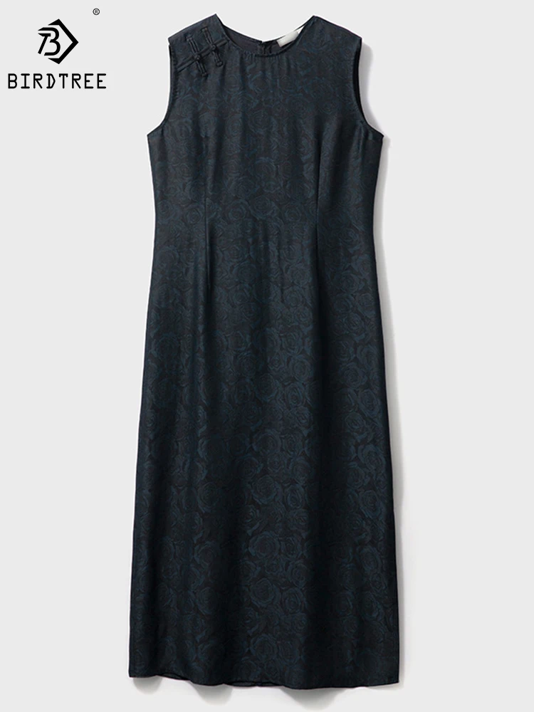 

Birdtree 30%Real Silk Elegant Dress XiangYunSha Retro Jacquard Round Neck Sleeveless Mid-waist A-line skirt Summer D41221QD