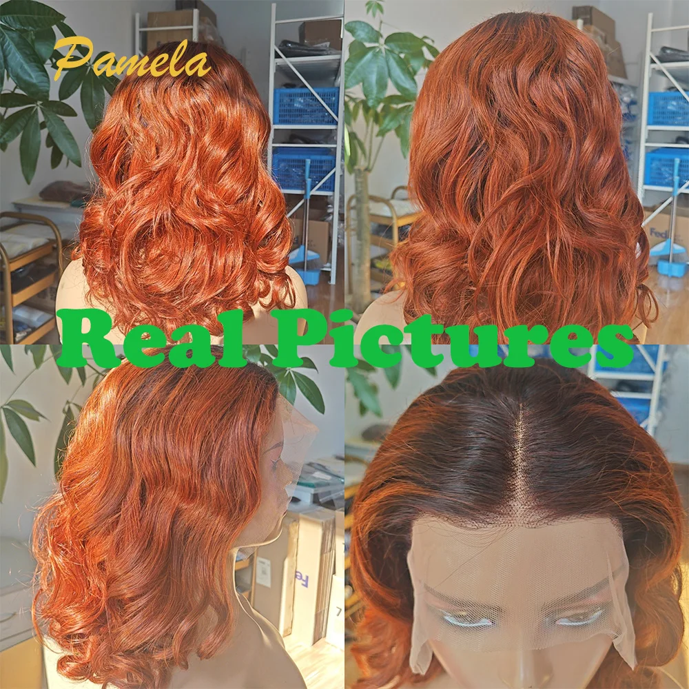 Highlight 250% Density Body Wave Glueless Wig Human Hair Ready To Wear Ombre 1B Orange Colored 13x6 Transparent Lace Frontal Wig