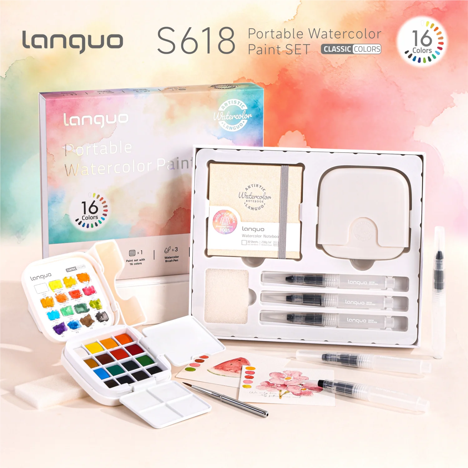 Reise-Aquarellfarben-Set mit Geschenkbox - 16 Farben mit Palette, Tragbares Aquarell-Reiseset mit Pinsel, Malkarte – Detail 10