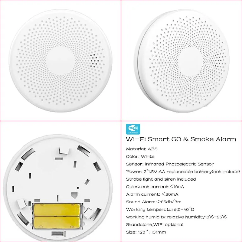 2 IN 1 WIFI Smart Carbon Monoxide Smoke Detector Tuya App Control CO Leak Sensor Fire Alarm Home Security Protection Smokehouse