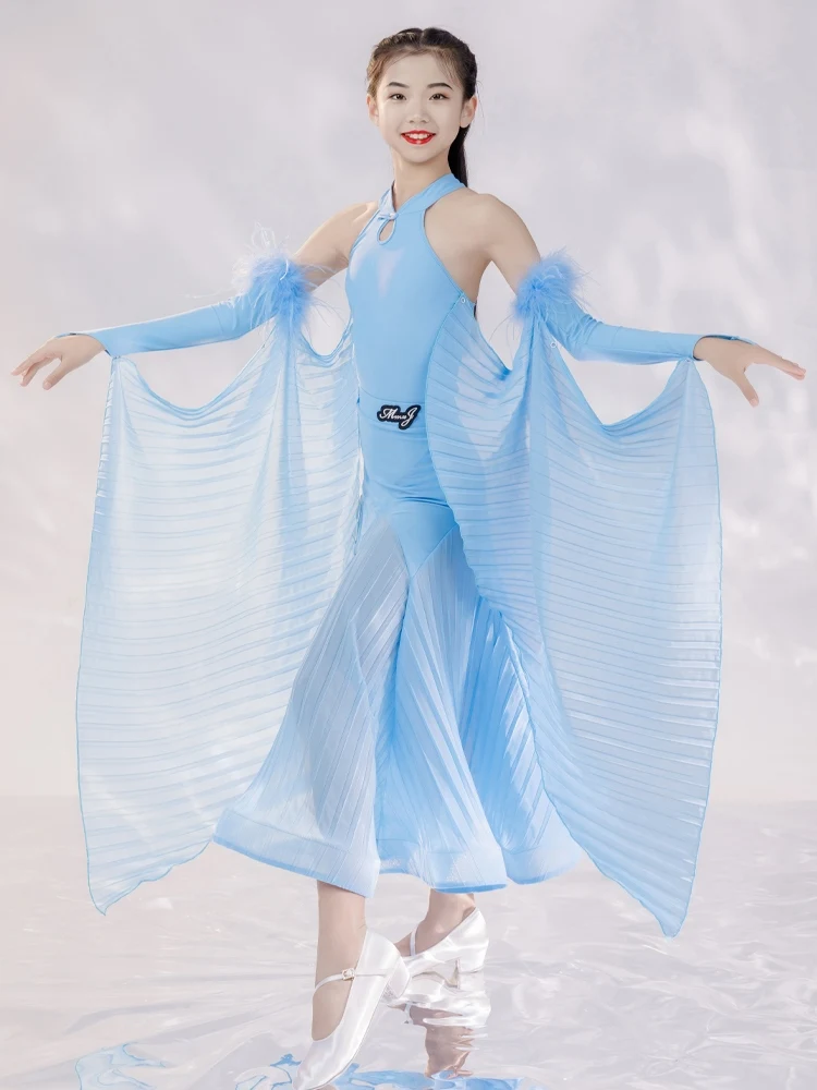 Girls Blue Ballroom Dancing Dresses Off-Shoulder Bodysuit Skirt Feather Gloves Waltz Tango Dancing Competition Costume VDB7855