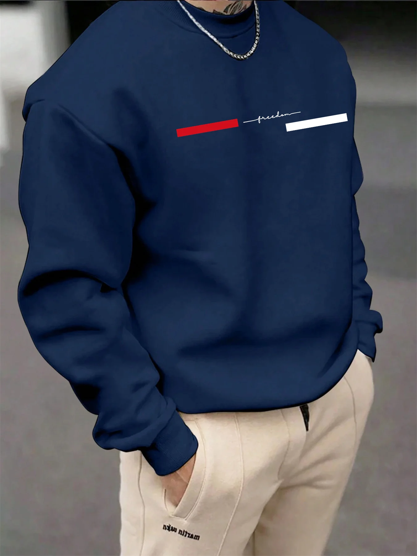 Sweat-shirt à manches longues et col rond pour homme, ample, décontracté, à la mode, avec lettres de liberté imprimées, automne et hiver