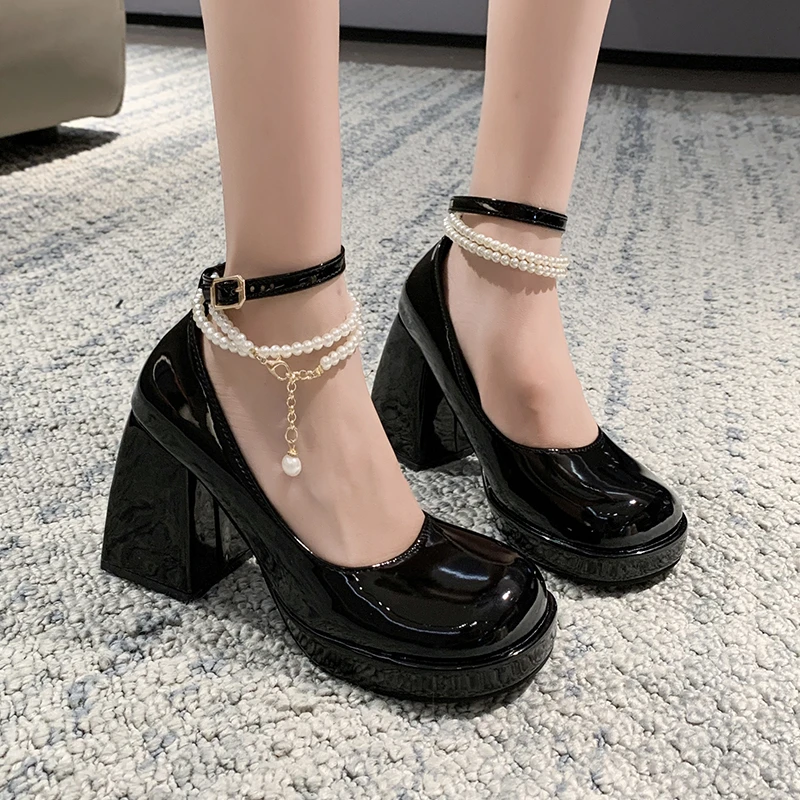 

New Vintage High Heels Mary Jane Shoes Women Patent Leather Platform Pumps Woman Pearls Chain Thick-Heeled Shoes Female