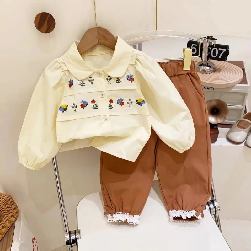 

Girls' Autumn Clothes Set 2023 New Arrival Pure Cotton Embroidery Shirt with Lace Cuff Foot Trousers Free Shipping Girl Clothes