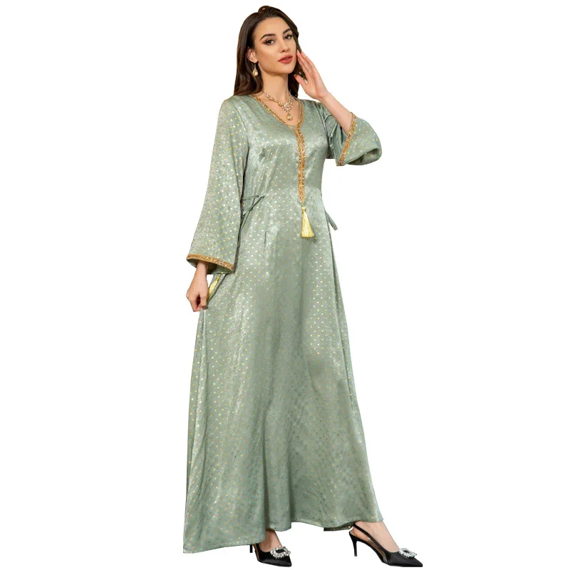 

Muslim Middle East Fashion Ethnic Women Dress Suede Bronzing Hot Diamond Elegant Evening Dresses with waist Belt Dubai Arabic