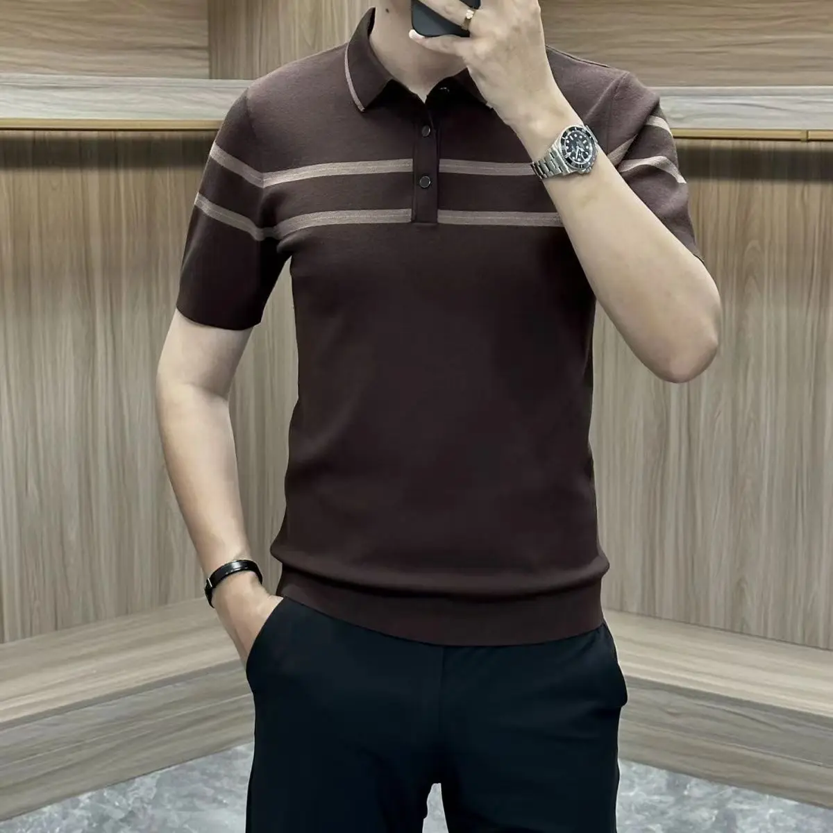 Summer New Striped Collar Men's Short Sleeve T-Shirt Trendy Fashion Slim Fit Knitted Collar Polo Shirt 12 S41b28b33168d4e0da67d00aa329da12eQ