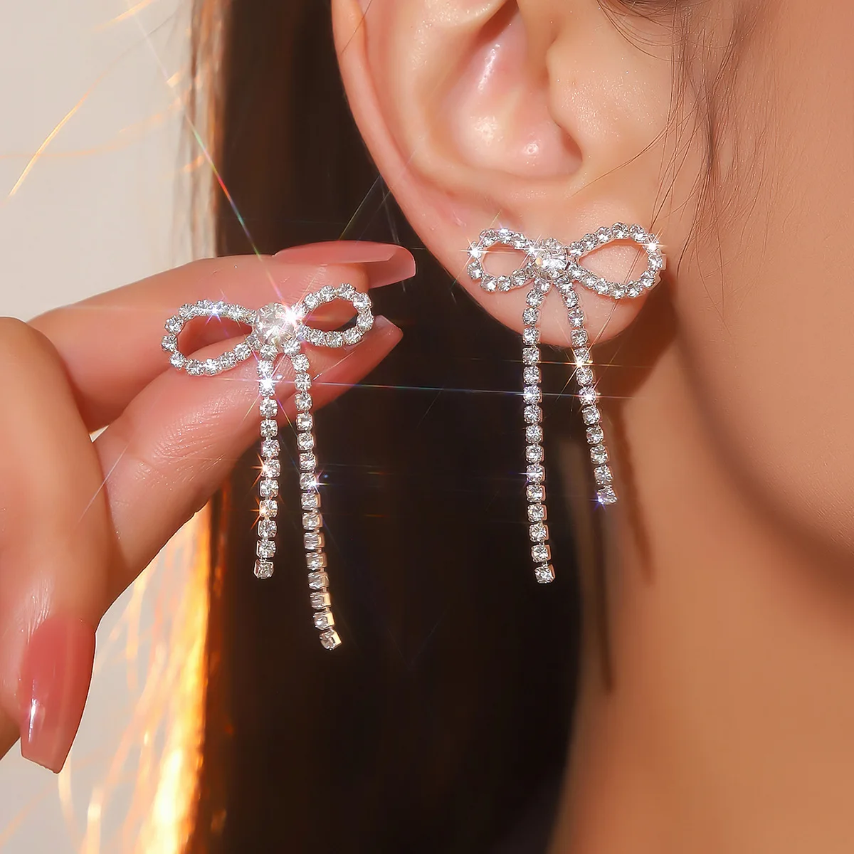 Korean Ins Shiny Diamond Bow Tassel Earrings 1