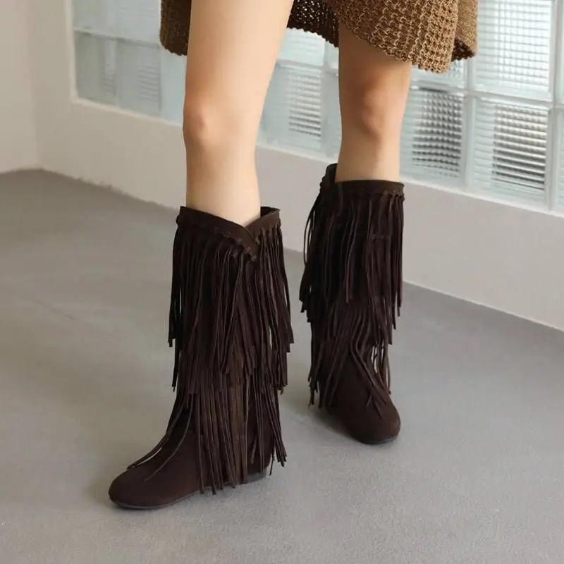 

Girseaby Women Boots 24cm Round Toe Increased Heel 3cm Slip-on Flock Leather Tassels Big Size 34-43 Fashion Dating Shoes S4217